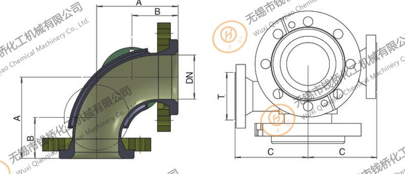 搪玻璃90°夾套彎頭設計圖